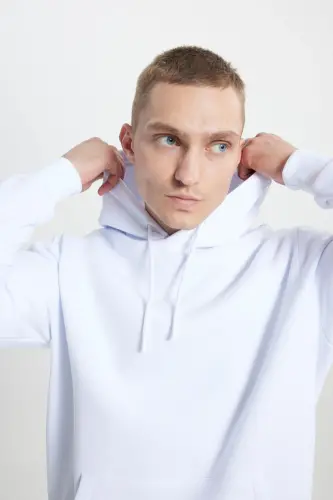 Erkek Beyaz Standart Fit Normal Kesim Içi Polarlı 3 Iplik Kapüşonlu Pamuklu Sweatshirt-Beyaz - 5