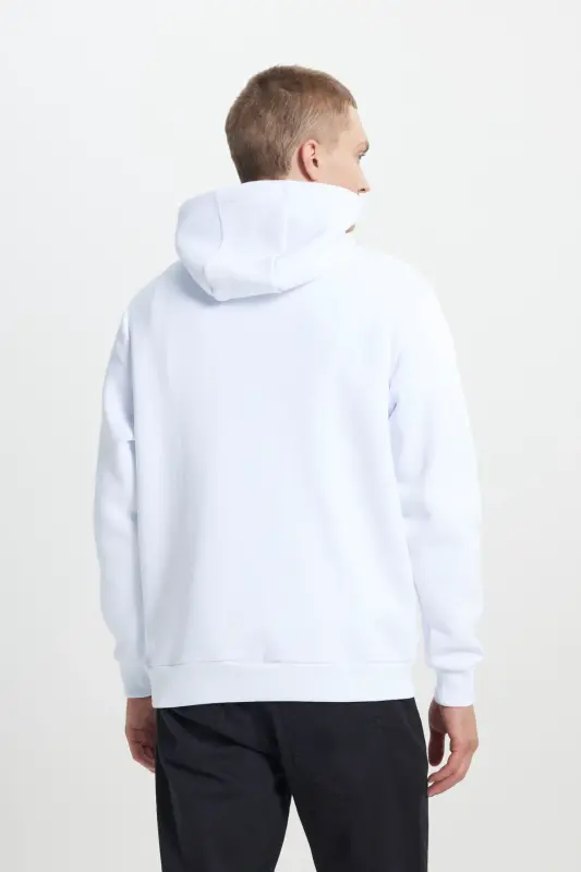 Erkek Beyaz Standart Fit Normal Kesim Içi Polarlı 3 Iplik Kapüşonlu Pamuklu Sweatshirt-Beyaz - 7