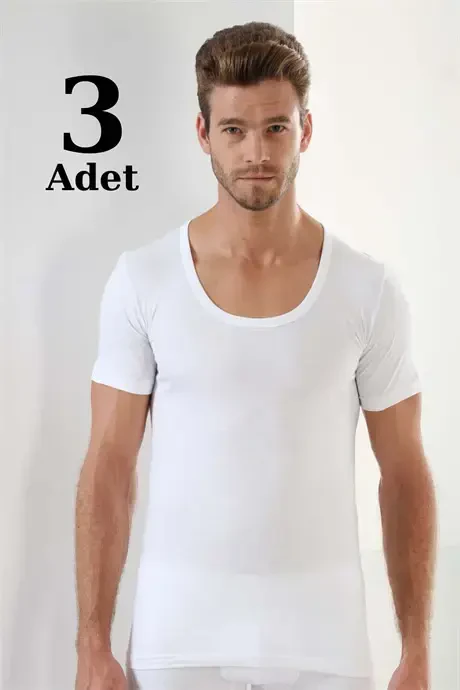 Erkek Beyaz T-Shirt Bisiklet Yaka Kısa Kollu %100 Pamuk 3'lü Paket - 1