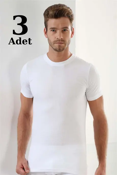 Erkek Beyaz T-Shirt Sıfır Yaka Kısa Kollu 3'lü Paket %100 Pamuk - BÜYÜKBEDENIZ