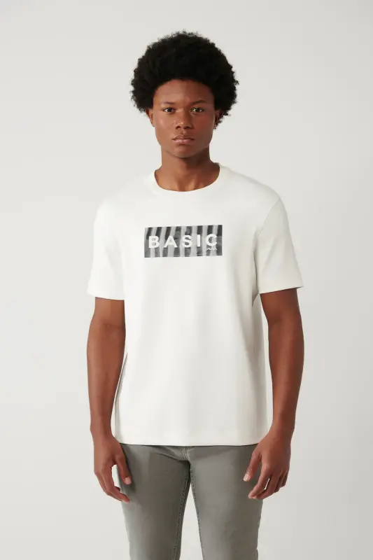 Erkek Beyaz Soft Touch Hologram Baskılı Bisiklet Yaka Regular Fit T-Shirt A41Y1335 - Beyaz - 3