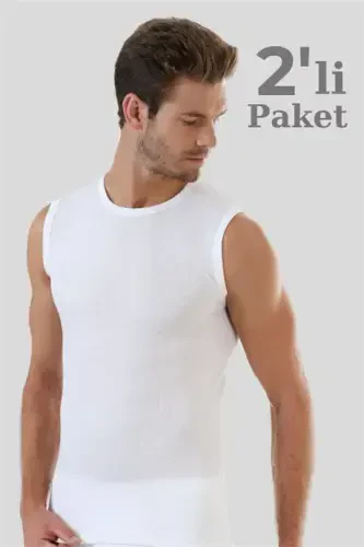 Erkek Beyaz Tişört Sıfır Kol Sıfır Yaka Kolsuz Atlet 2'li %100 Pamuk - 1