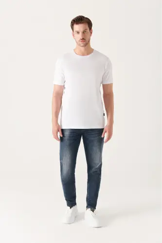 Erkek Beyaz Ultrasoft Bisiklet Yaka Pamuklu Slim Fit Dar Kesim T-shirt E001171 - Beyaz - 2
