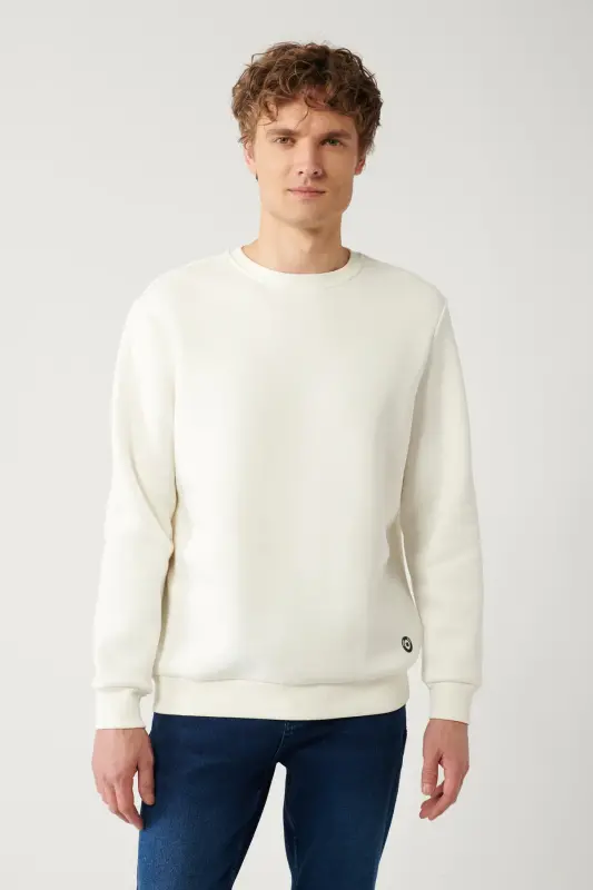 Erkek Beyaz Şardonlu Kumaş Bisiklet Yaka Basic Sweatshirt E001017 - Beyaz - 1