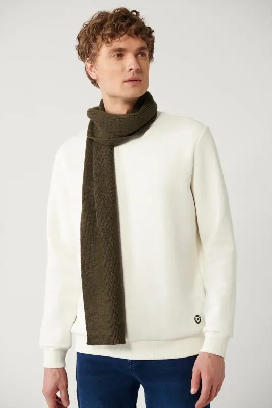 Erkek Beyaz Şardonlu Kumaş Bisiklet Yaka Basic Sweatshirt E001017 - Beyaz - 3