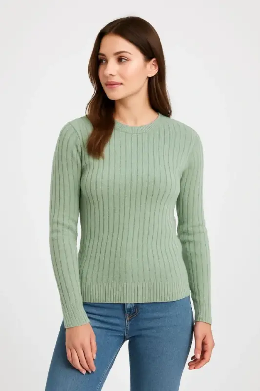 Erkek Bisiklet Yuvarlak Yaka Triko Kazak Pamuklu Kalın Fitilli Dokuma, Regular Fit Uzun Kollu Kışlık Model - Mint Yeşili - 1