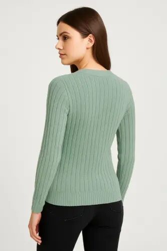 Erkek Bisiklet Yuvarlak Yaka Triko Kazak Pamuklu Kalın Fitilli Dokuma, Regular Fit Uzun Kollu Kışlık Model - Mint Yeşili - 2