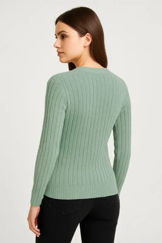 Erkek Bisiklet Yuvarlak Yaka Triko Kazak Pamuklu Kalın Fitilli Dokuma, Regular Fit Uzun Kollu Kışlık Model - Mint Yeşili - 2