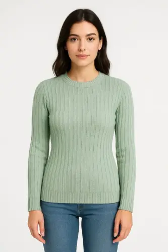 Erkek Bisiklet Yuvarlak Yaka Triko Kazak Pamuklu Kalın Fitilli Dokuma, Regular Fit Uzun Kollu Kışlık Model - Mint Yeşili - 3