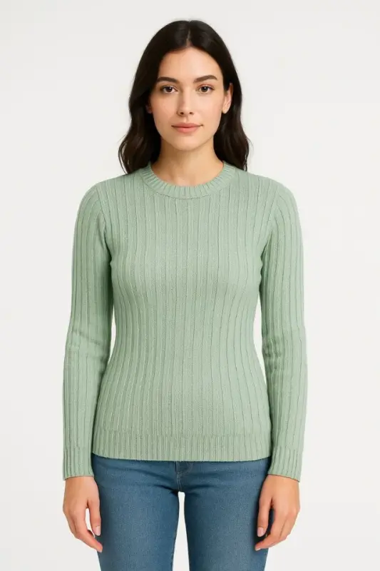 Erkek Bisiklet Yuvarlak Yaka Triko Kazak Pamuklu Kalın Fitilli Dokuma, Regular Fit Uzun Kollu Kışlık Model - Mint Yeşili - 3