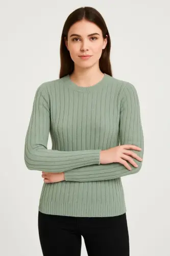 Erkek Bisiklet Yuvarlak Yaka Triko Kazak Pamuklu Kalın Fitilli Dokuma, Regular Fit Uzun Kollu Kışlık Model - Mint Yeşili - 4