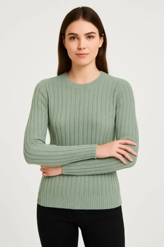 Erkek Bisiklet Yuvarlak Yaka Triko Kazak Pamuklu Kalın Fitilli Dokuma, Regular Fit Uzun Kollu Kışlık Model - Mint Yeşili - 4
