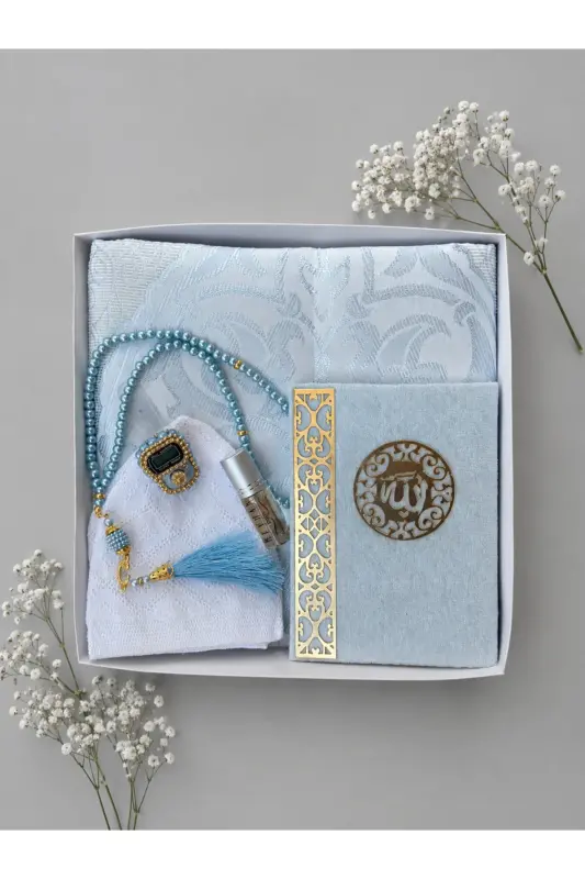 Erkek Bohça Seti , Damat Bohçası Seti , Damat Seti , Seccade , Çeyizlik Seccade Seti - bebe mavisi - LIFESTYLING