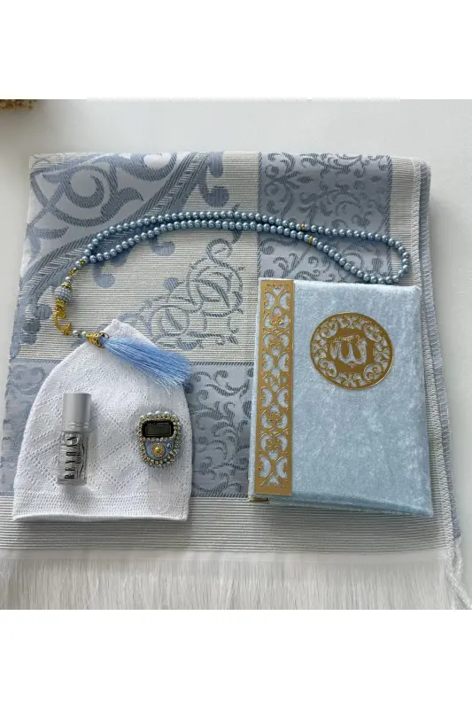 Erkek Bohça Seti , Damat Bohçası Seti , Damat Seti , Seccade , Çeyizlik Seccade Seti-bebe mavisi - 2