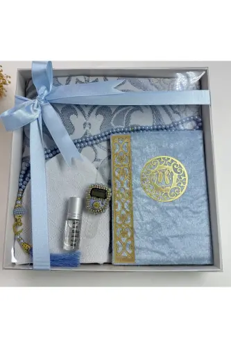 Erkek Bohça Seti , Damat Bohçası Seti , Damat Seti , Seccade , Çeyizlik Seccade Seti-bebe mavisi - 3