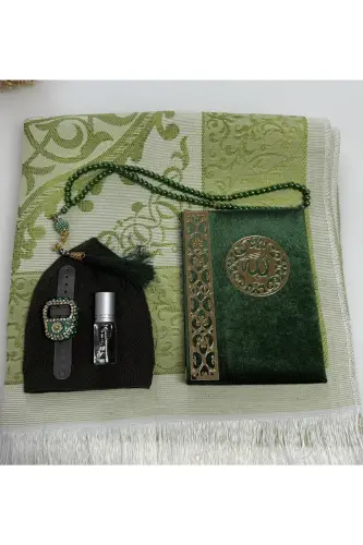 Erkek Bohça Seti , Damat Bohçası Seti , Damat Seti , Seccade , Çeyizlik Seccade Seti-koyu yeşil - LIFESTYLING (1)