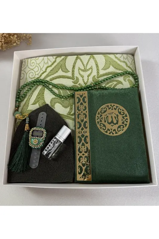 Erkek Bohça Seti , Damat Bohçası Seti , Damat Seti , Seccade , Çeyizlik Seccade Seti-koyu yeşil - LIFESTYLING