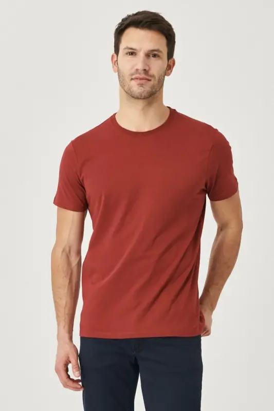 Erkek BORDO-BORDO 2'li Paket Slim Fit Dar Kesim Pamuklu Basic Tişört - BORDO-BORDO - 4