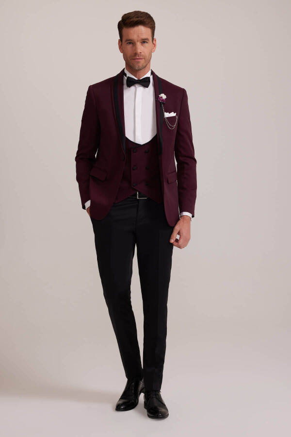 Erkek Bordo Çıkma Şal Yaka Slim Fit Damatlık - 9