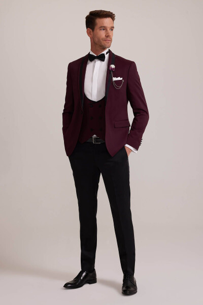 Erkek Bordo Çıkma Şal Yaka Slim Fit Damatlık - 10