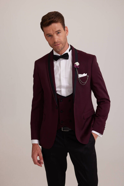 Erkek Bordo Çıkma Şal Yaka Slim Fit Damatlık - 11