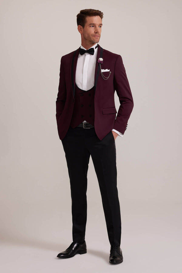 Erkek Bordo Çıkma Şal Yaka Slim Fit Damatlık - 7