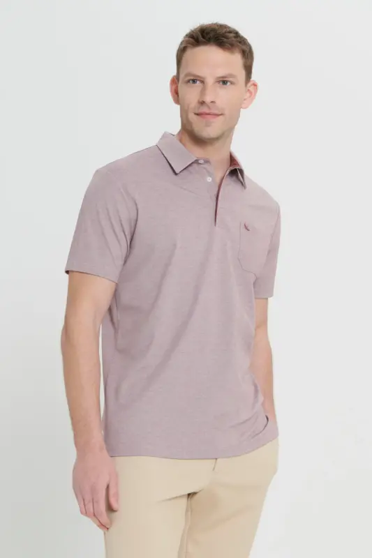 Erkek Bordo Comfort Fit Rahat Kesim Polo Yaka Pamuklu Kısa Kollu Tişört-Bordo - 1