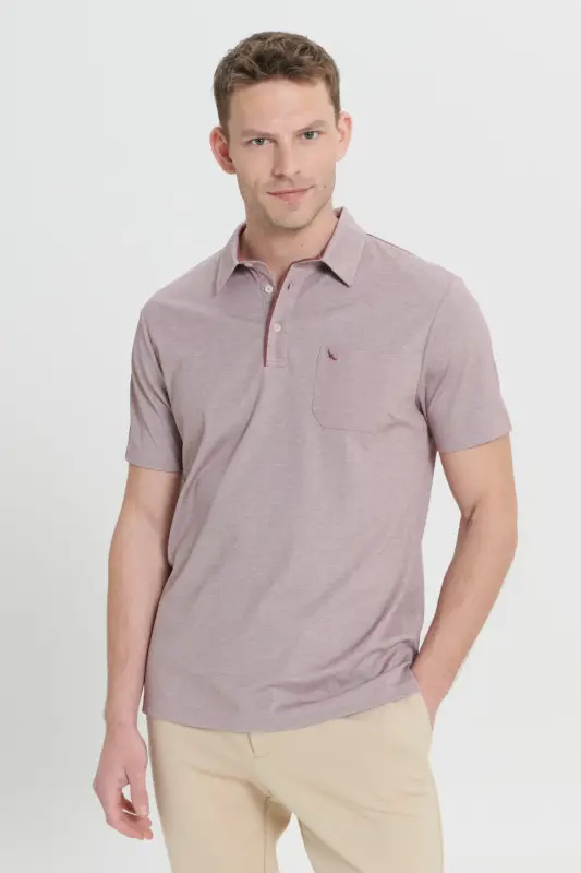 Erkek Bordo Comfort Fit Rahat Kesim Polo Yaka Pamuklu Kısa Kollu Tişört-Bordo - 3