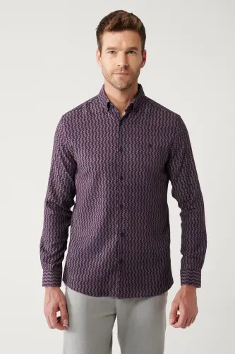 Erkek Bordo Düğmeli Yaka Desenli Esnek Pamuklu Slim Fit Gömlek A32Y2145-Bordo - 3