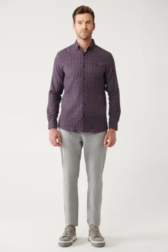 Erkek Bordo Düğmeli Yaka Desenli Esnek Pamuklu Slim Fit Gömlek A32Y2145-Bordo - 6