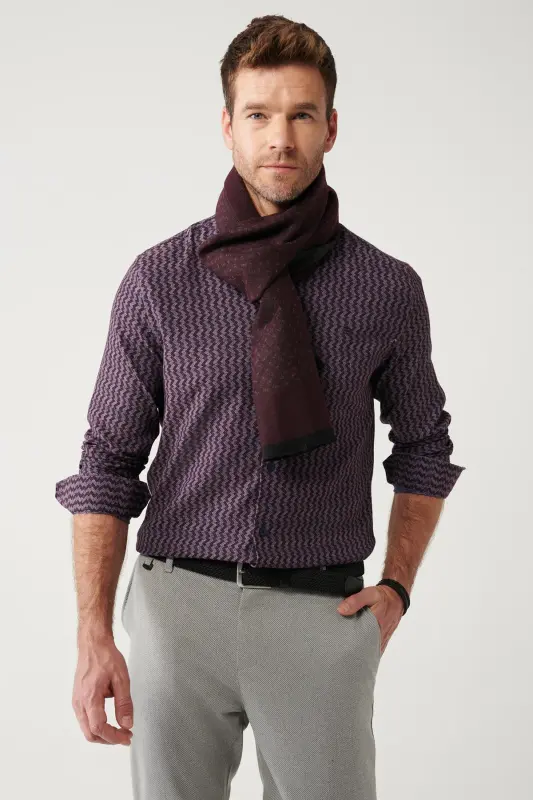 Erkek Bordo Düğmeli Yaka Desenli Esnek Pamuk Slim Fit Gömlek A32Y2145 - Bordo - 1