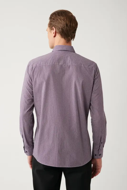 Erkek Bordo Düğmeli Yaka %100 Pamuk Desenli Slim Fit Gömlek A32Y2179 - Bordo - 4