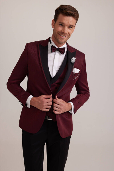 Erkek Bordo Kırlangıç Yaka Yelekli Slim Fit Desenli Damatlık - 13