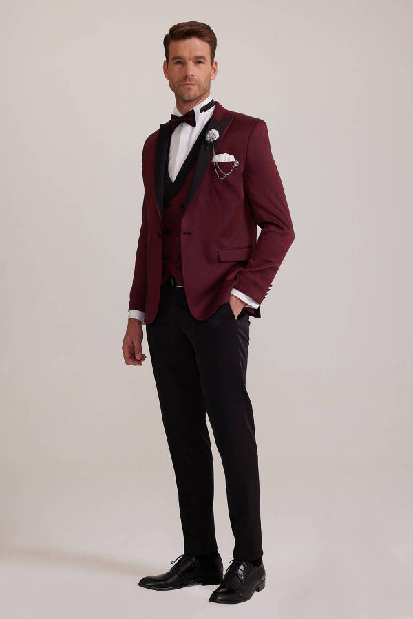 Erkek Bordo Kırlangıç Yaka Yelekli Slim Fit Desenli Damatlık - 1