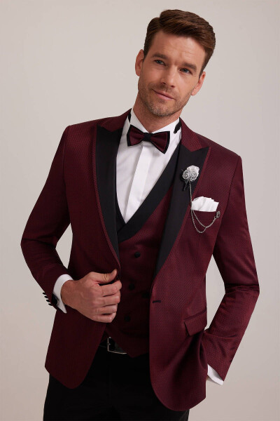 Erkek Bordo Kırlangıç Yaka Yelekli Slim Fit Desenli Damatlık - 4