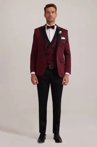 Erkek Bordo Kırlangıç Yaka Yelekli Slim Fit Desenli Damatlık - Bordo - 1