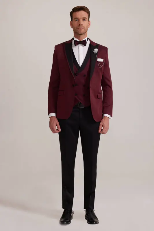 Erkek Bordo Kırlangıç Yaka Yelekli Slim Fit Desenli Damatlık - Bordo - 1