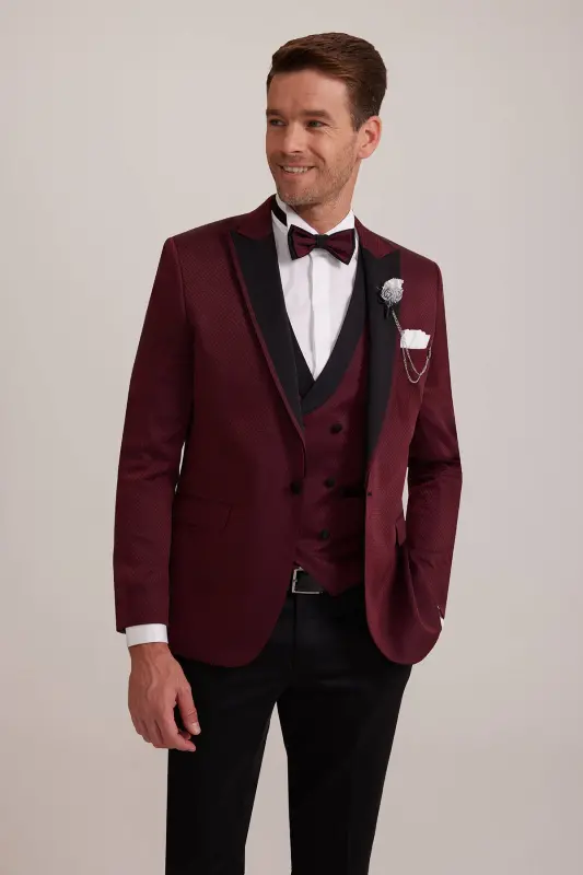 Erkek Bordo Kırlangıç Yaka Yelekli Slim Fit Desenli Damatlık - Bordo - 4