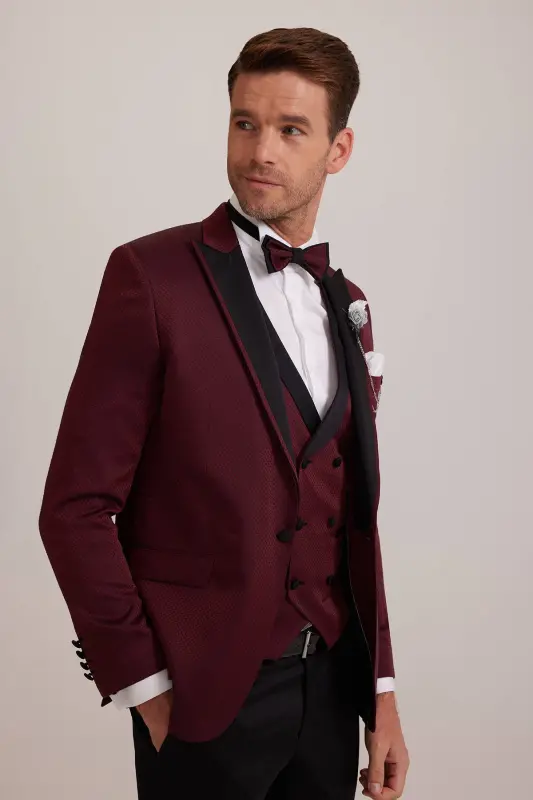 Erkek Bordo Kırlangıç Yaka Yelekli Slim Fit Desenli Damatlık - Bordo - 6