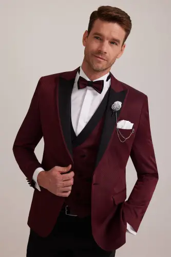 Erkek Bordo Kırlangıç Yaka Yelekli Slim Fit Desenli Damatlık - Bordo - 7
