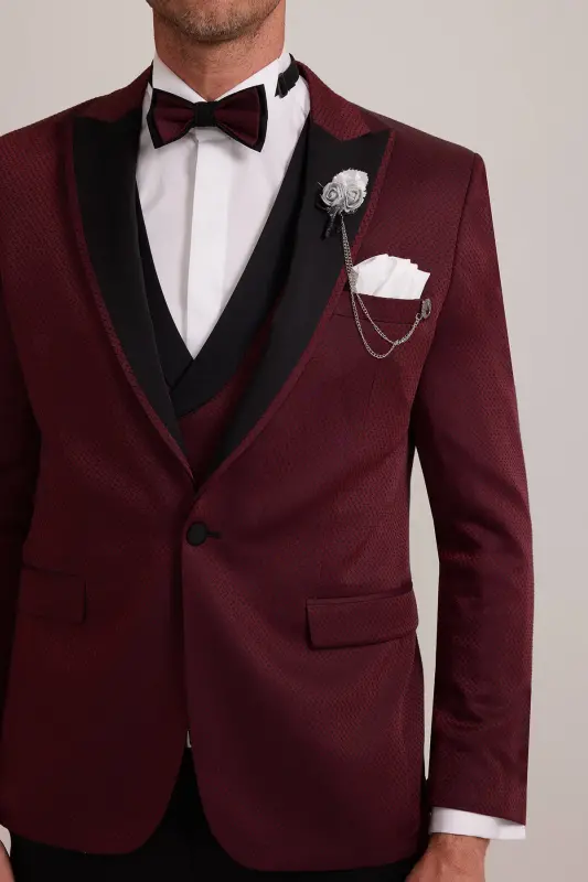 Erkek Bordo Kırlangıç Yaka Yelekli Slim Fit Desenli Damatlık - Bordo - 8