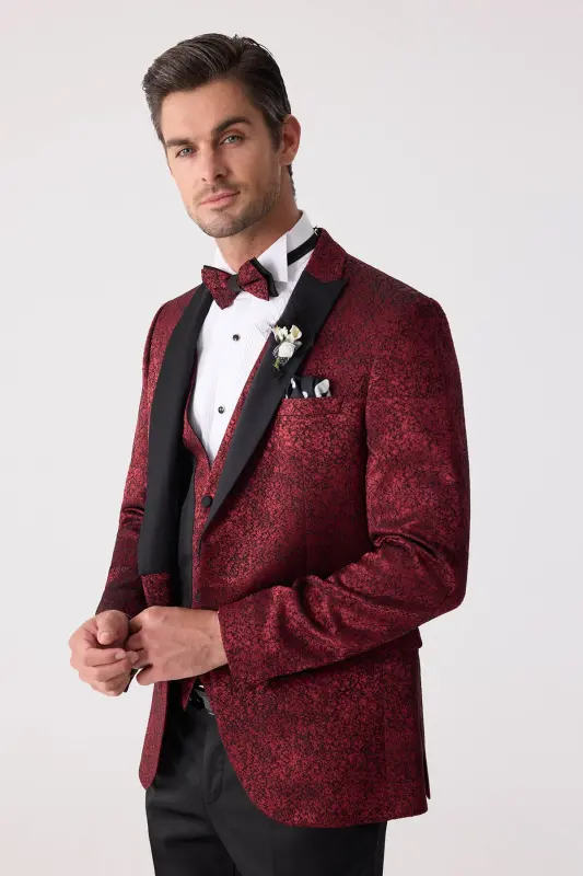 Erkek Bordo Kırlangıç Yaka Yelekli Slim Fit Desenli Damatlık - Bordo - 4