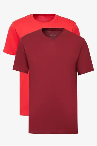 Erkek BORDO-KIRMIZI 2'li Paket Slim Fit Dar Kesim Pamuklu Basic Tişört - Bordo-Kırmızı - 1