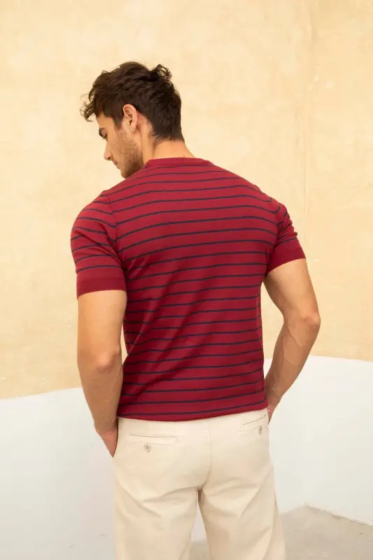 Erkek Bordo Kısa Kollu Fitilli Akrilik-Pamuk Karışımlı Triko T-Shirt - BORDO - 5