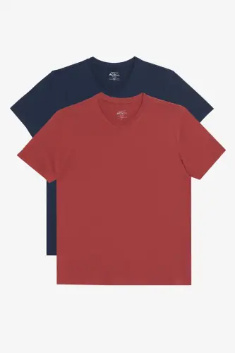 Erkek Bordo-lacivert 2'li V Yaka %100 Pamuk Slim Fit Dar Kesim Basic Tişört - Bordo-Lacivert 