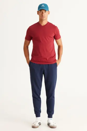 Erkek Bordo-lacivert 2'li V Yaka %100 Pamuk Slim Fit Dar Kesim Basic Tişört - Bordo-Lacivert - 5