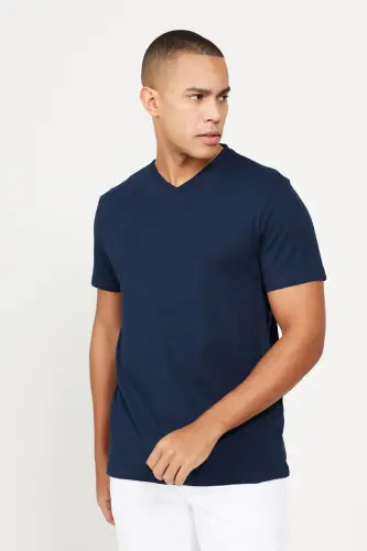 Erkek Bordo-lacivert 2'li V Yaka %100 Pamuk Slim Fit Dar Kesim Basic Tişört - Bordo-Lacivert - 6