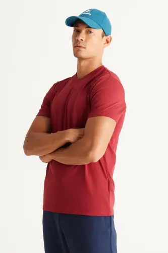 Erkek Bordo-lacivert 2'li V Yaka %100 Pamuk Slim Fit Dar Kesim Basic Tişört - Bordo-Lacivert - 7