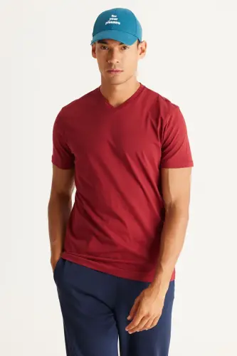 Erkek Bordo-lacivert 2'li V Yaka %100 Pamuk Slim Fit Dar Kesim Basic Tişört-Bordo - 3