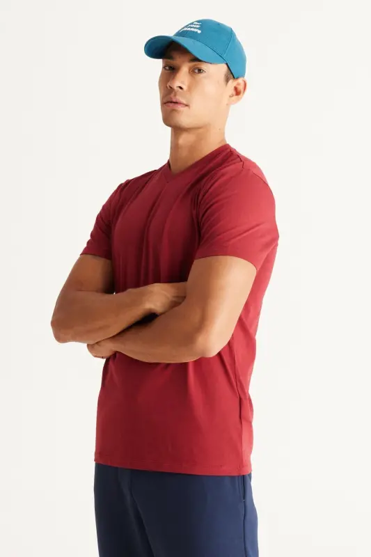 Erkek Bordo-lacivert 2'li V Yaka %100 Pamuk Slim Fit Dar Kesim Basic Tişört-Bordo - 7